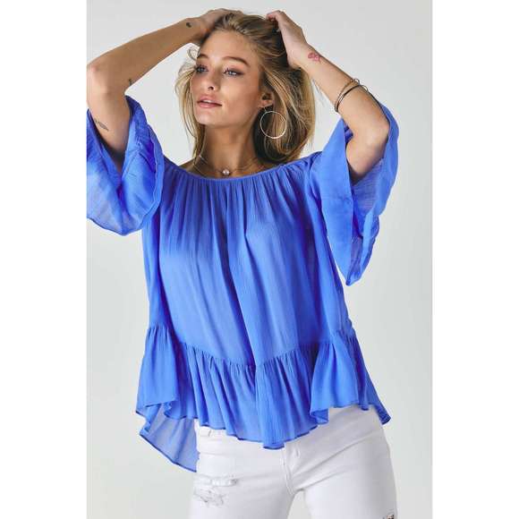 Ruffled Cold Shoulder Sheer Blouse Top - Picture 3 of 6